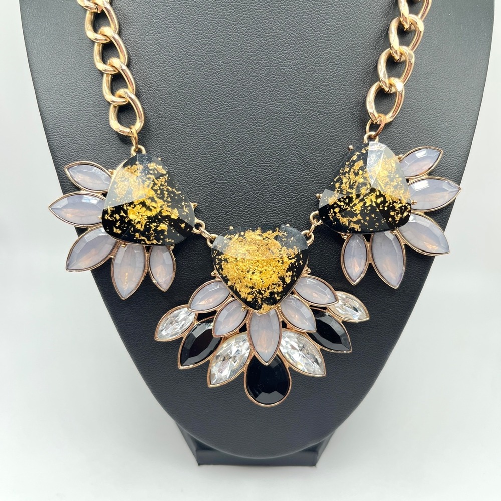 CJ Banks Statement Necklace Chunky Beaded Black Gold Tone Boho Geometric Bib Y2K